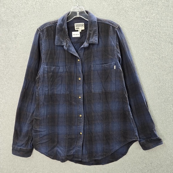 VANS Women Top XL Blue Plaid Flannel Button Up Pockets Long Sleeve Collar - Picture 1 of 9